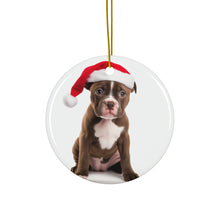 DistinctInk Hanging Ceramic Christmas Tree Ornament with Gold String - Great Gift/Present - 2 3/4 inch Diameter - American Staffordshire Terrier Puppy Design