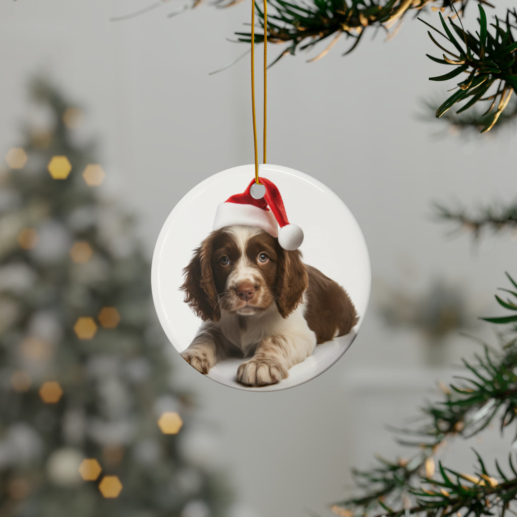 Hanging Ceramic Christmas Tree Ornament with Gold String - Spinoni Italiani Puppy Design, view 3
