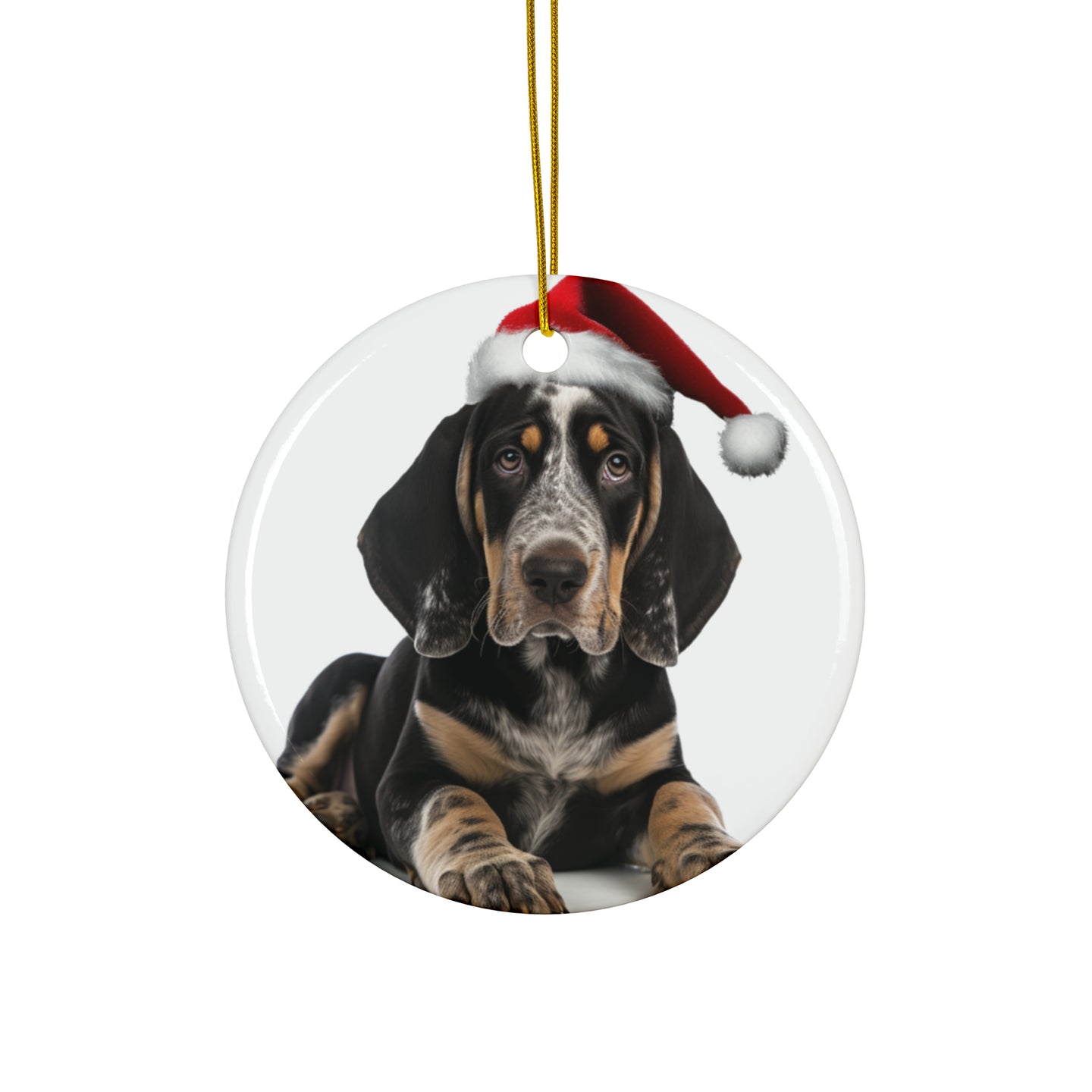 DistinctInk Hanging Ceramic Christmas Tree Ornament with Gold String - Great Gift/Present - 2 3/4 inch Diameter - Bluetick Coonhound Puppy Design
