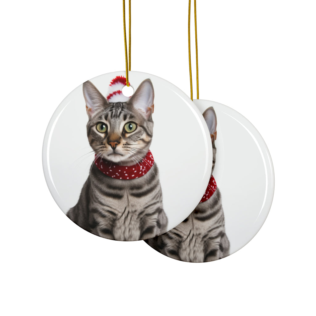 Hanging Ceramic Christmas Tree Ornament with Gold String - Egyptian Mau Cat Design, view 2