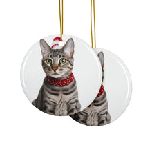 DistinctInk Hanging Ceramic Christmas Tree Ornament with Gold String - Great Gift/Present - 2 3/4 inch Diameter - Egyptian Mau Cat Design