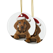 DistinctInk Hanging Ceramic Christmas Tree Ornament with Gold String - Great Gift/Present - 2 3/4 inch Diameter - Redbone Coonhound Puppy Design