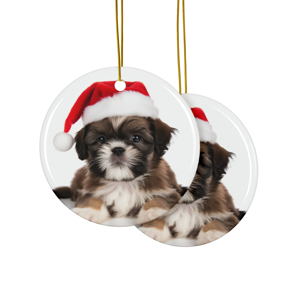 Hanging Ceramic Christmas Tree Ornament with Gold String - Shih Tzu Puppy Design, view 2