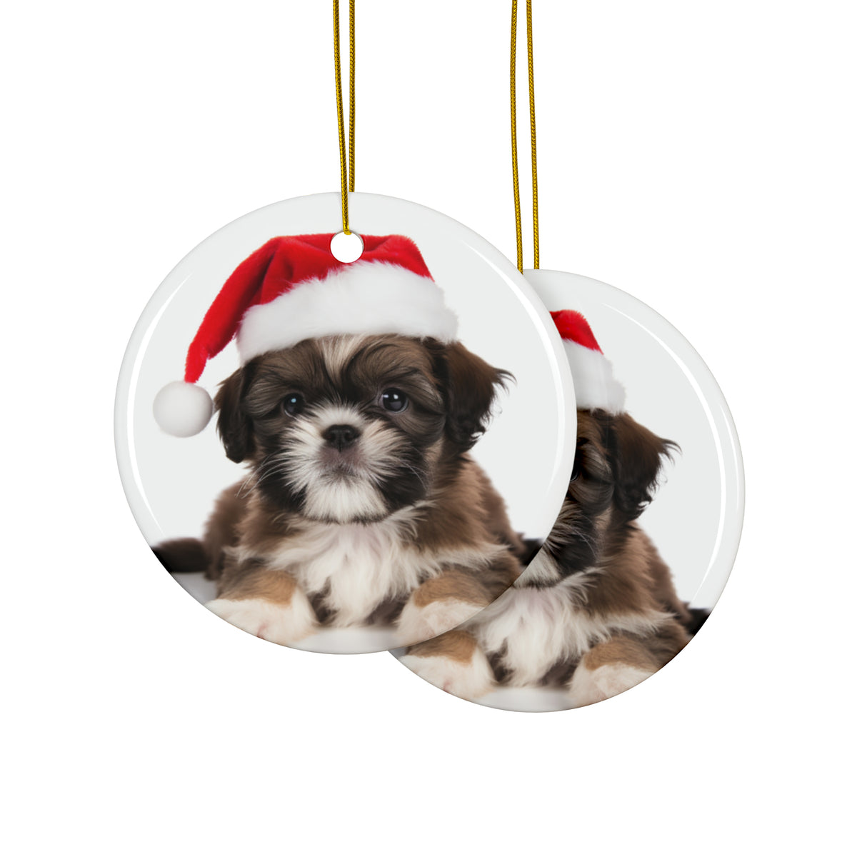 Hanging Ceramic Christmas Tree Ornament with Gold String - Shih Tzu Puppy Design, view 2