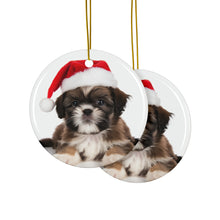 DistinctInk Hanging Ceramic Christmas Tree Ornament with Gold String - Great Gift/Present - 2 3/4 inch Diameter - Shih Tzu Puppy Design