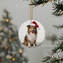 DistinctInk Hanging Ceramic Christmas Tree Ornament with Gold String - Great Gift/Present - 2 3/4 inch Diameter - Shetland Sheepdog Design