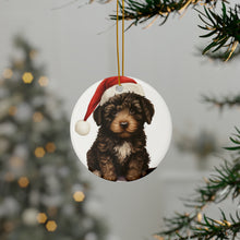 DistinctInk Hanging Ceramic Christmas Tree Ornament with Gold String - Great Gift/Present - 2 3/4 inch Diameter - Barbet Puppy Drawing Design
