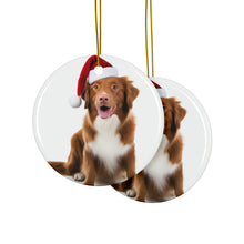 DistinctInk Hanging Ceramic Christmas Tree Ornament with Gold String - Great Gift/Present - 2 3/4 inch Diameter - Nova Scotia Duck Tolling Retriever Design