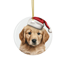 DistinctInk Hanging Ceramic Christmas Tree Ornament with Gold String - Great Gift/Present - 2 3/4 inch Diameter - Golden Retriever Puppy Drawing Design
