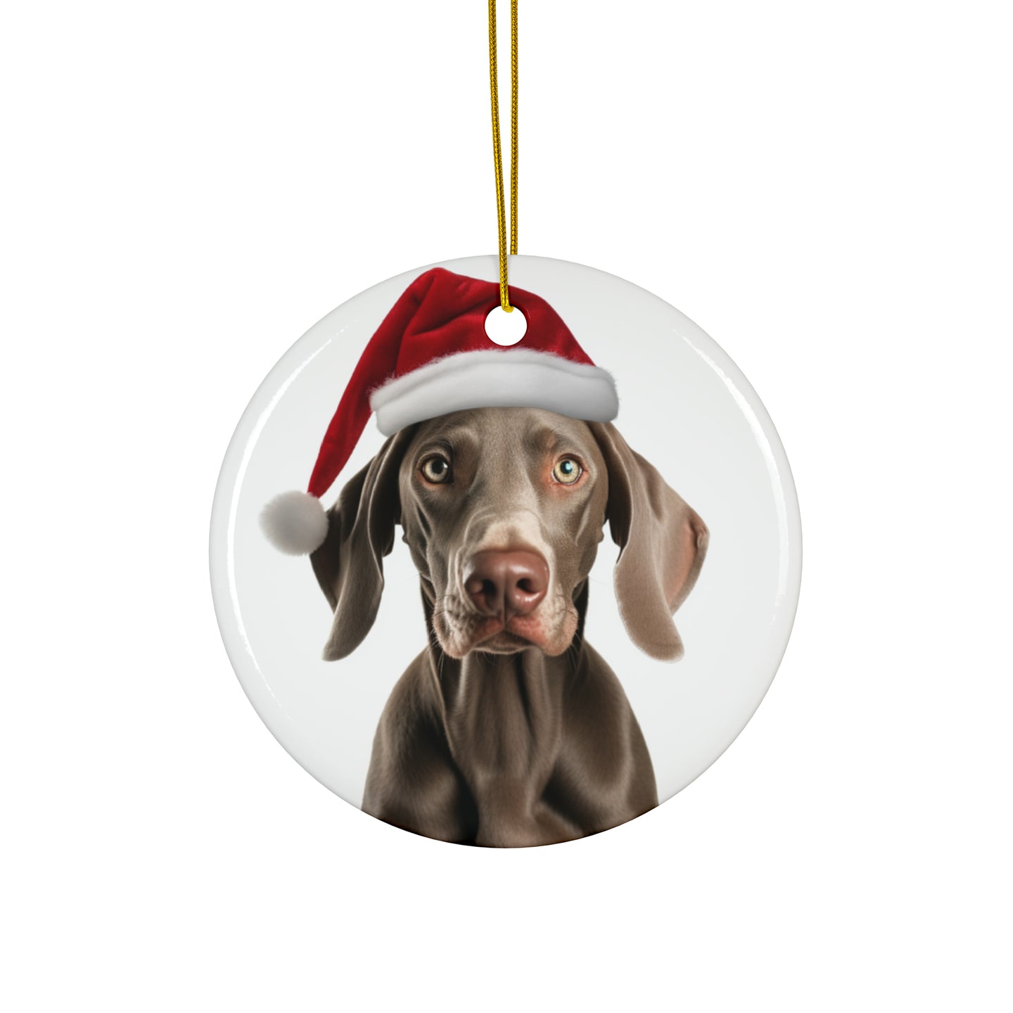 DistinctInk Hanging Ceramic Christmas Tree Ornament with Gold String - Great Gift/Present - 2 3/4 inch Diameter - Weimaraner Design