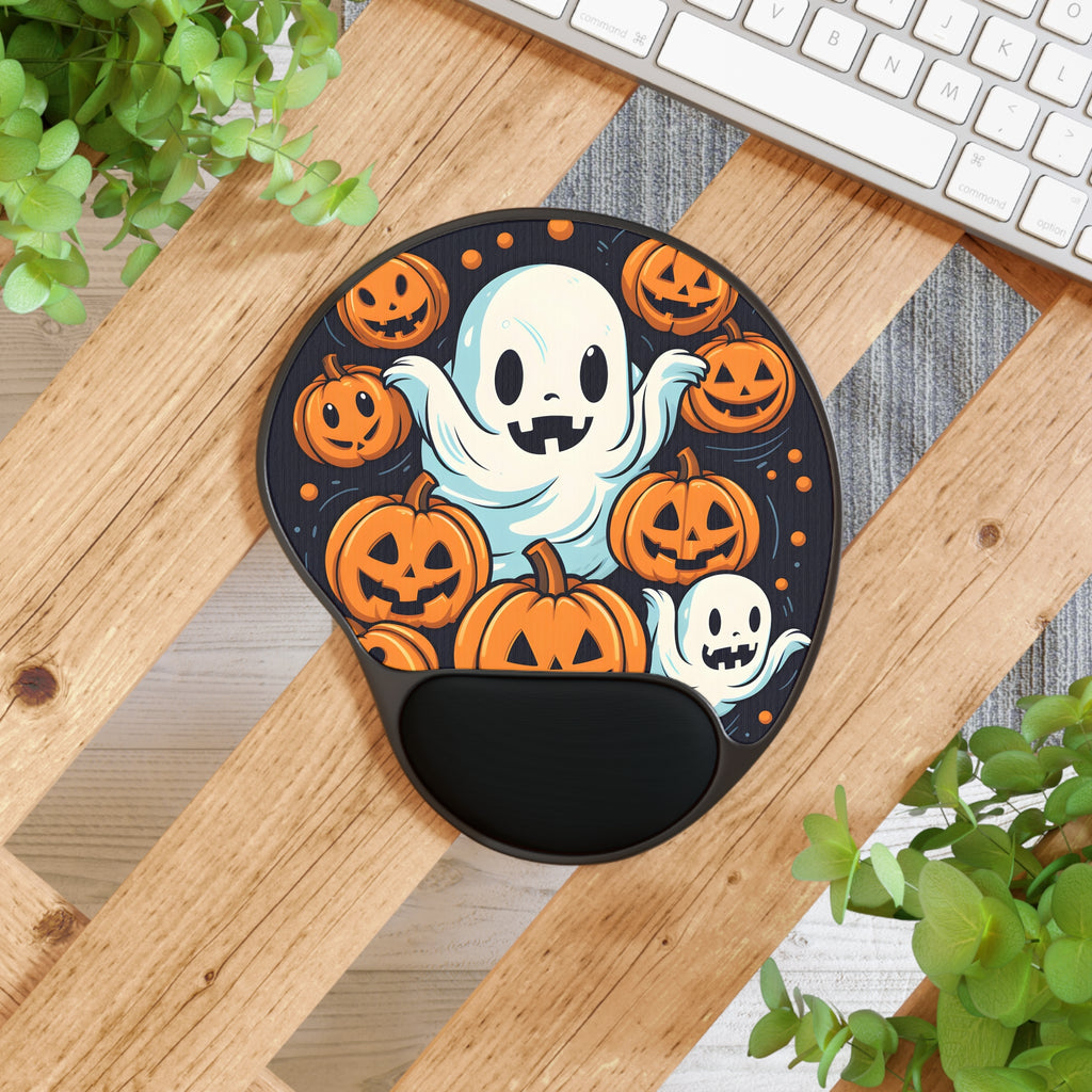 Mouse Pad with Wrist Rest with The Ghostly Skeleton Pumpkin Design for Halloween, view 4
