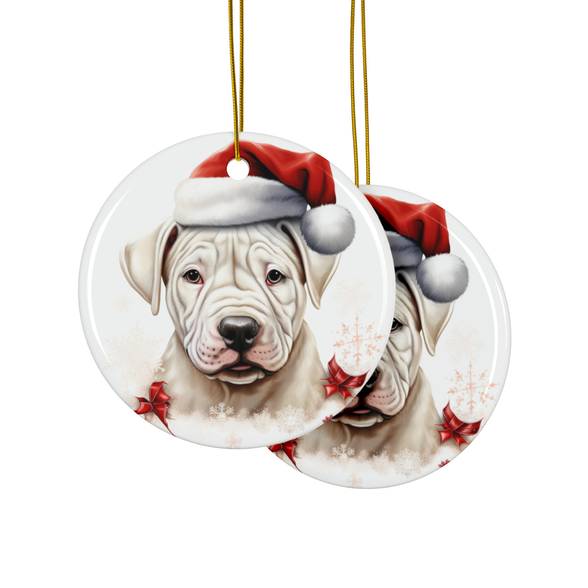 Hanging Ceramic Christmas Tree Ornament with Gold String - Dogo Argentino Puppy Drawing Design, view 2