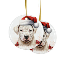 DistinctInk Hanging Ceramic Christmas Tree Ornament with Gold String - Great Gift/Present - 2 3/4 inch Diameter - Dogo Argentino Puppy Drawing Design