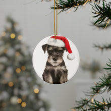 DistinctInk Hanging Ceramic Christmas Tree Ornament with Gold String - Great Gift/Present - 2 3/4 inch Diameter - Miniature Schnauzer Puppy Design