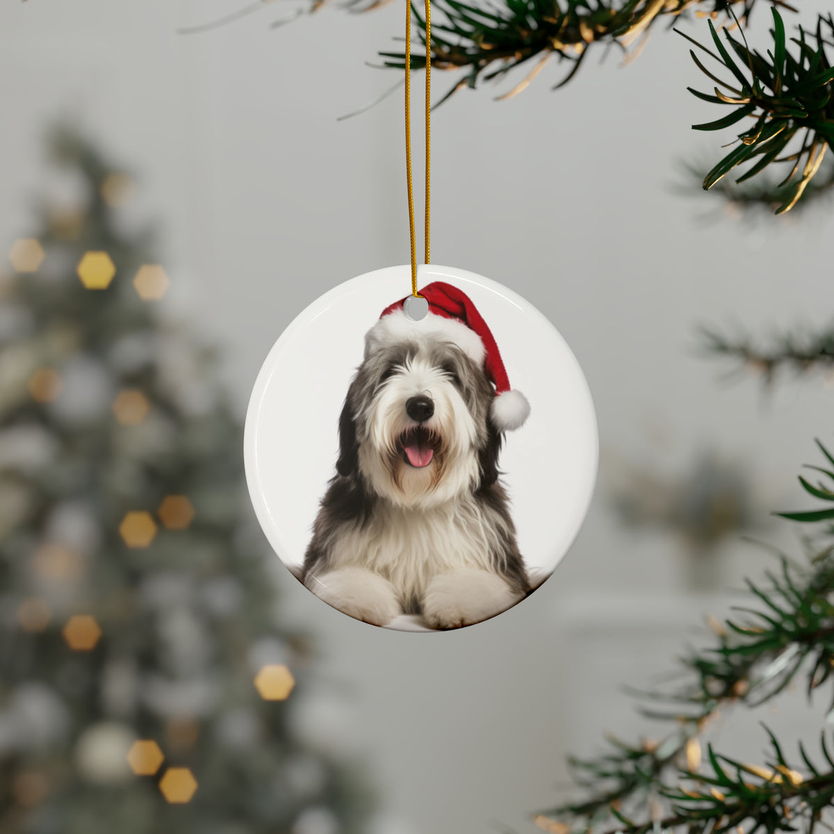 Hanging Ceramic Christmas Tree Ornament with Gold String - Old English Sheepdog Design, view 3