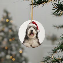 DistinctInk Hanging Ceramic Christmas Tree Ornament with Gold String - Great Gift/Present - 2 3/4 inch Diameter - Old English Sheepdog Design