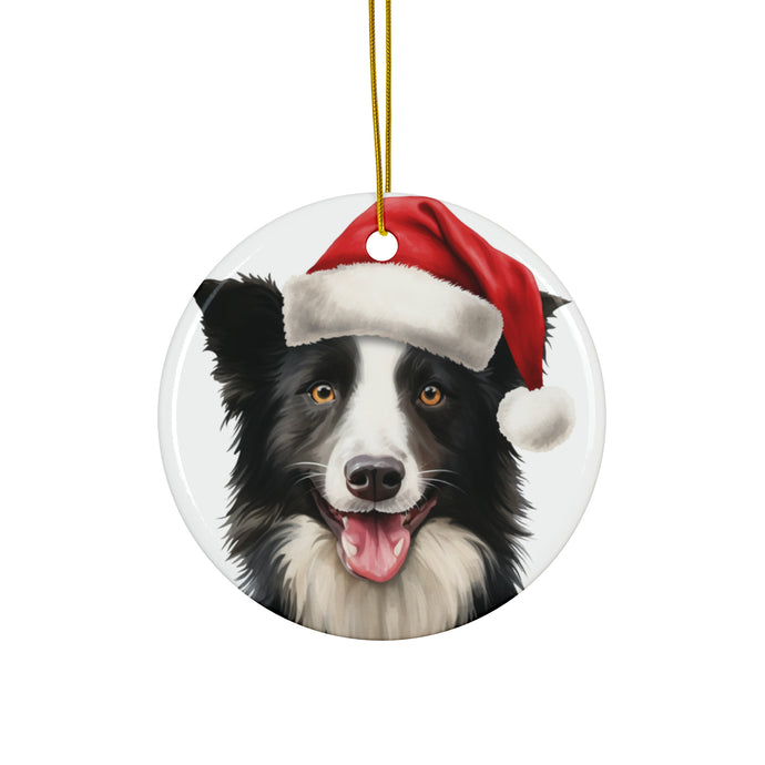 DistinctInk Hanging Ceramic Christmas Tree Ornament with Gold String - Great Gift/Present - 2 3/4 inch Diameter - Border Collie Design