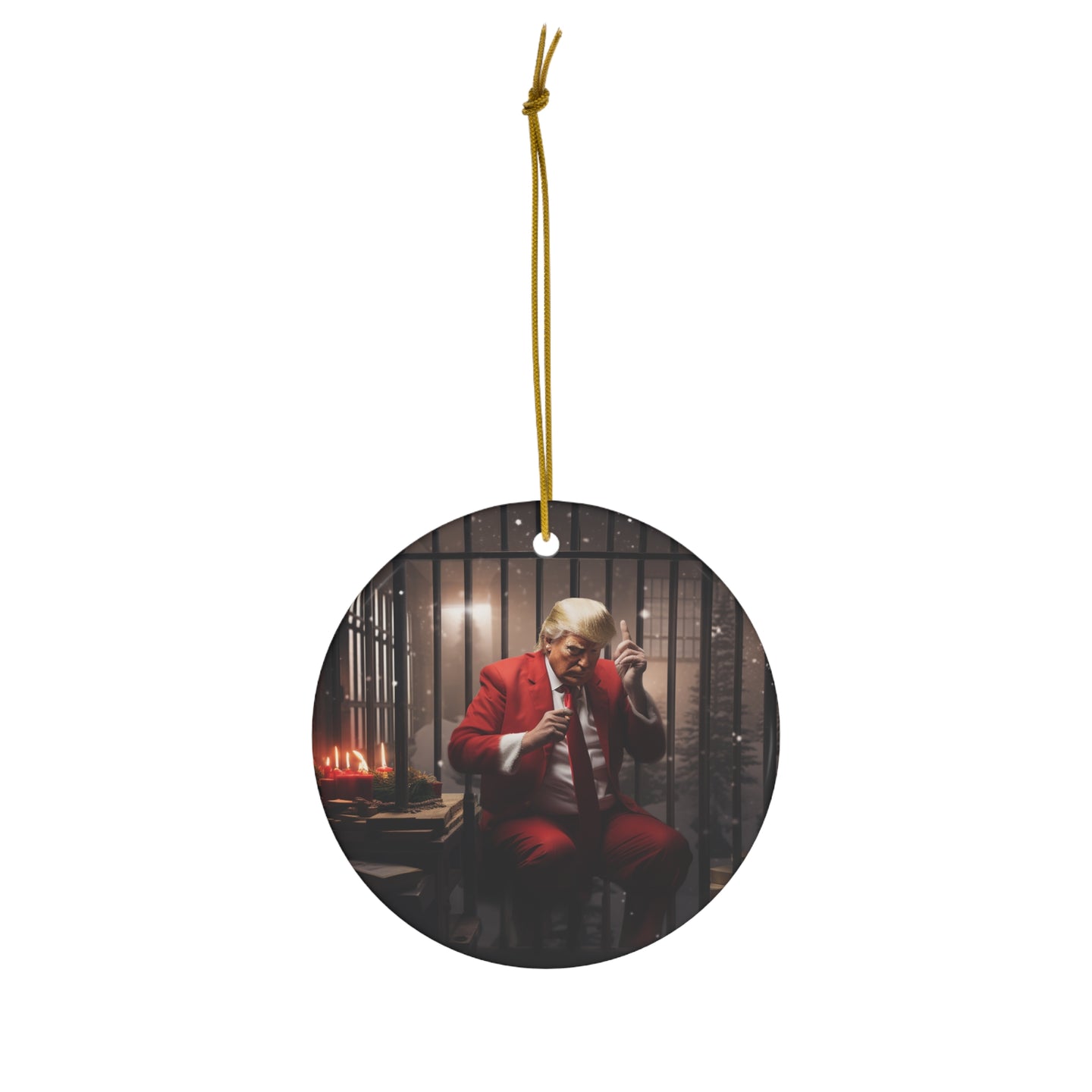 DistinctInk Hanging Ceramic Christmas Tree Ornament Charm with Gold String - Great Gift/Present - 2 3/4 inch Diameter - Trump's Festive Christmas in Jail