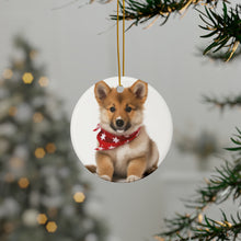 DistinctInk Hanging Ceramic Christmas Tree Ornament with Gold String - Great Gift/Present - 2 3/4 inch Diameter - Icelandic Sheepdog Puppy Design