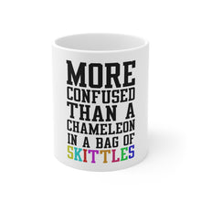 DistinctInk Glossy White Coffee / Tea Mug - More Confused than Chameleon in Skittles
