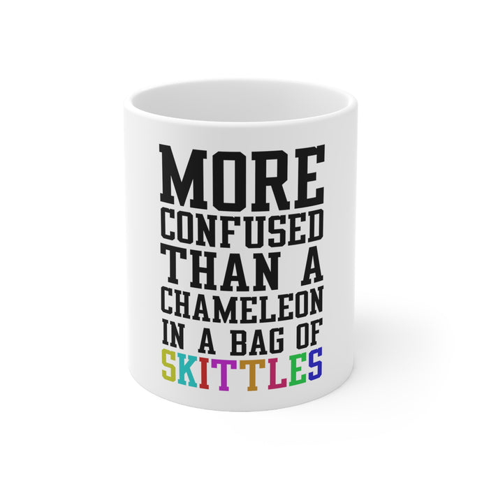 DistinctInk Glossy White Coffee / Tea Mug - More Confused than Chameleon in Skittles