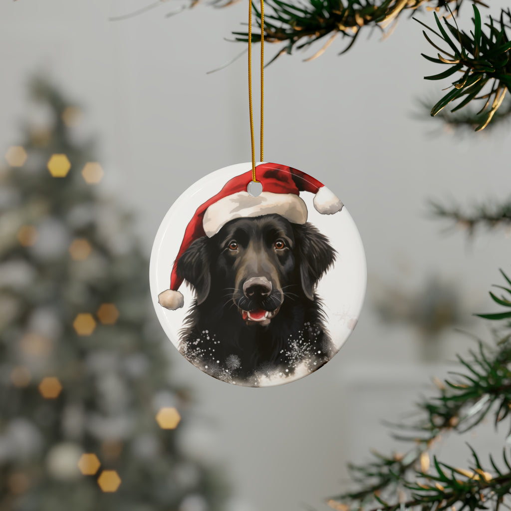 Hanging Ceramic Christmas Tree Ornament with Gold String - Flat-Coated Retriever Design, view 3