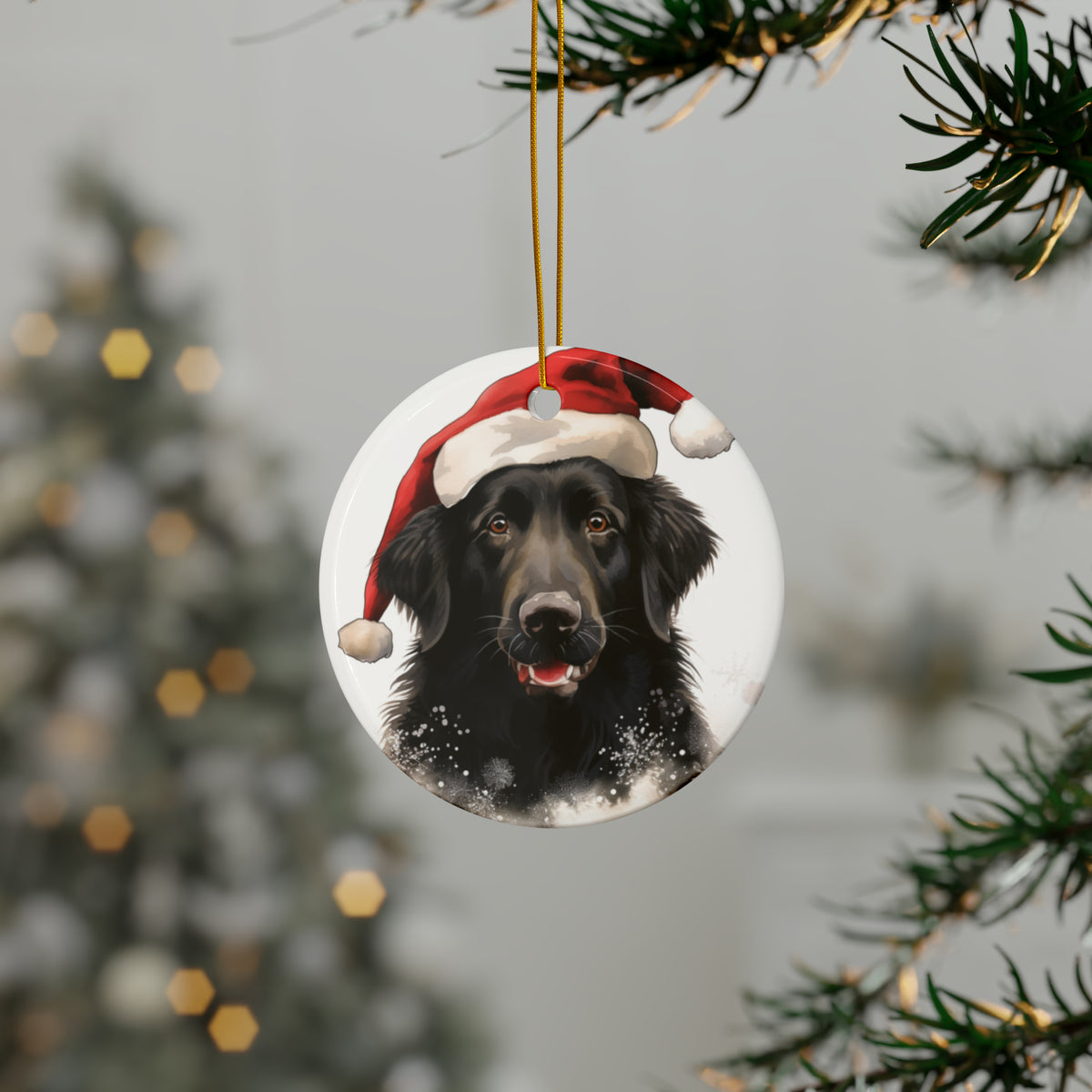 Hanging Ceramic Christmas Tree Ornament with Gold String - Flat-Coated Retriever Design, view 3