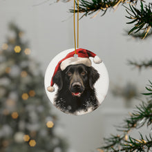 DistinctInk Hanging Ceramic Christmas Tree Ornament with Gold String - Great Gift/Present - 2 3/4 inch Diameter - Flat-Coated Retriever Design