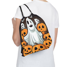 DistinctInk Drawstring Bag / Backpack with "Spooky Skeleton Pumpkins" Design for Halloween