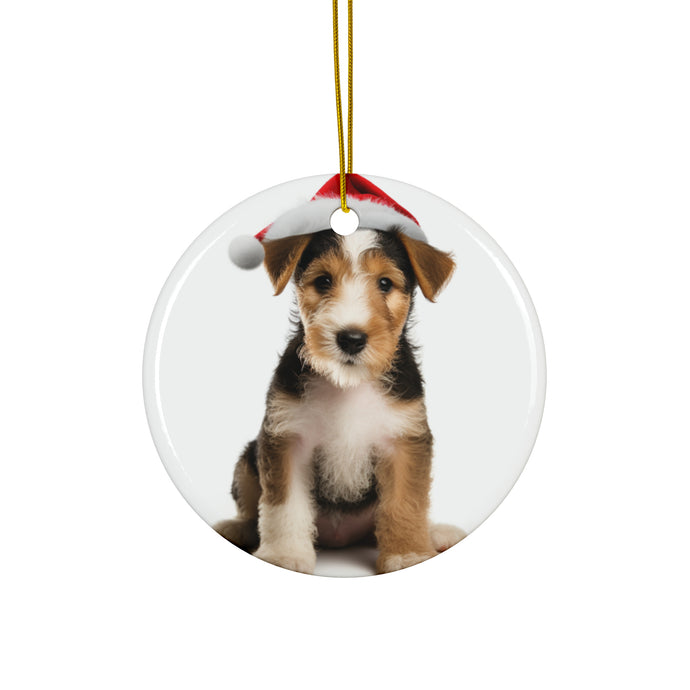 DistinctInk Hanging Ceramic Christmas Tree Ornament with Gold String - Great Gift/Present - 2 3/4 inch Diameter - Wire Fox Terrier Puppy Design
