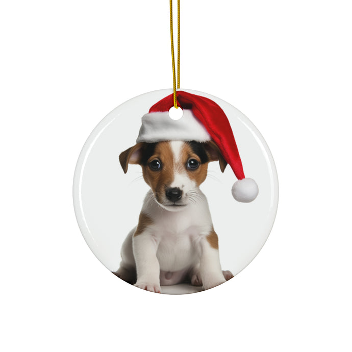 DistinctInk Hanging Ceramic Christmas Tree Ornament with Gold String - Great Gift/Present - 2 3/4 inch Diameter - Smooth Fox Terrier Puppy Design