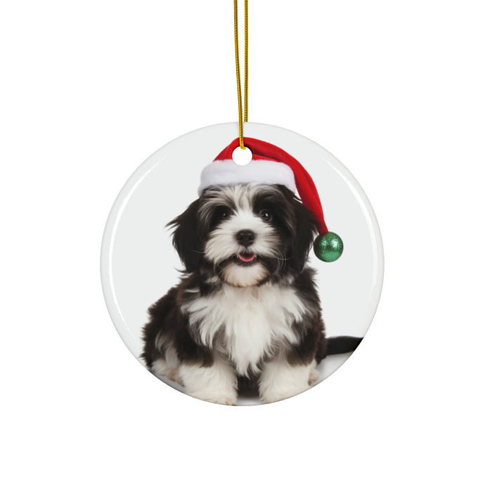 DistinctInk Hanging Ceramic Christmas Tree Ornament with Gold String - Great Gift/Present - 2 3/4 inch Diameter - Havanese Design