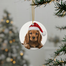 DistinctInk Hanging Ceramic Christmas Tree Ornament with Gold String - Great Gift/Present - 2 3/4 inch Diameter - Cocker Spaniel Puppy Design