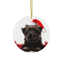 DistinctInk Hanging Ceramic Christmas Tree Ornament with Gold String - Great Gift/Present - 2 3/4 inch Diameter - Skye Terrier Puppy Design