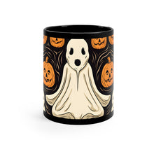 DistinctInk Black Coffee Mug - Ghost Skeleton Pumpkin Pattern for Halloween