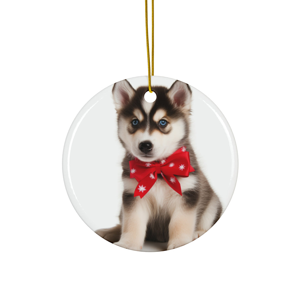 Hanging Ceramic Christmas Tree Ornament with Gold String - Siberian Huskie Puppy Design