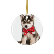 DistinctInk Hanging Ceramic Christmas Tree Ornament with Gold String - Great Gift/Present - 2 3/4 inch Diameter - Siberian Huskie Puppy Design