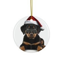 DistinctInk Hanging Ceramic Christmas Tree Ornament with Gold String - Great Gift/Present - 2 3/4 inch Diameter - Beauceron Puppy Design