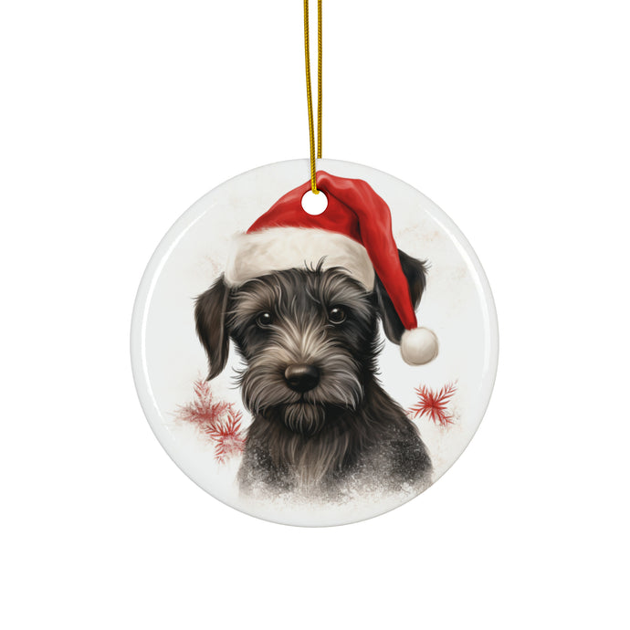 DistinctInk Hanging Ceramic Christmas Tree Ornament with Gold String - Great Gift/Present - 2 3/4 inch Diameter - Cesky Terrier Puppy Drawing Design
