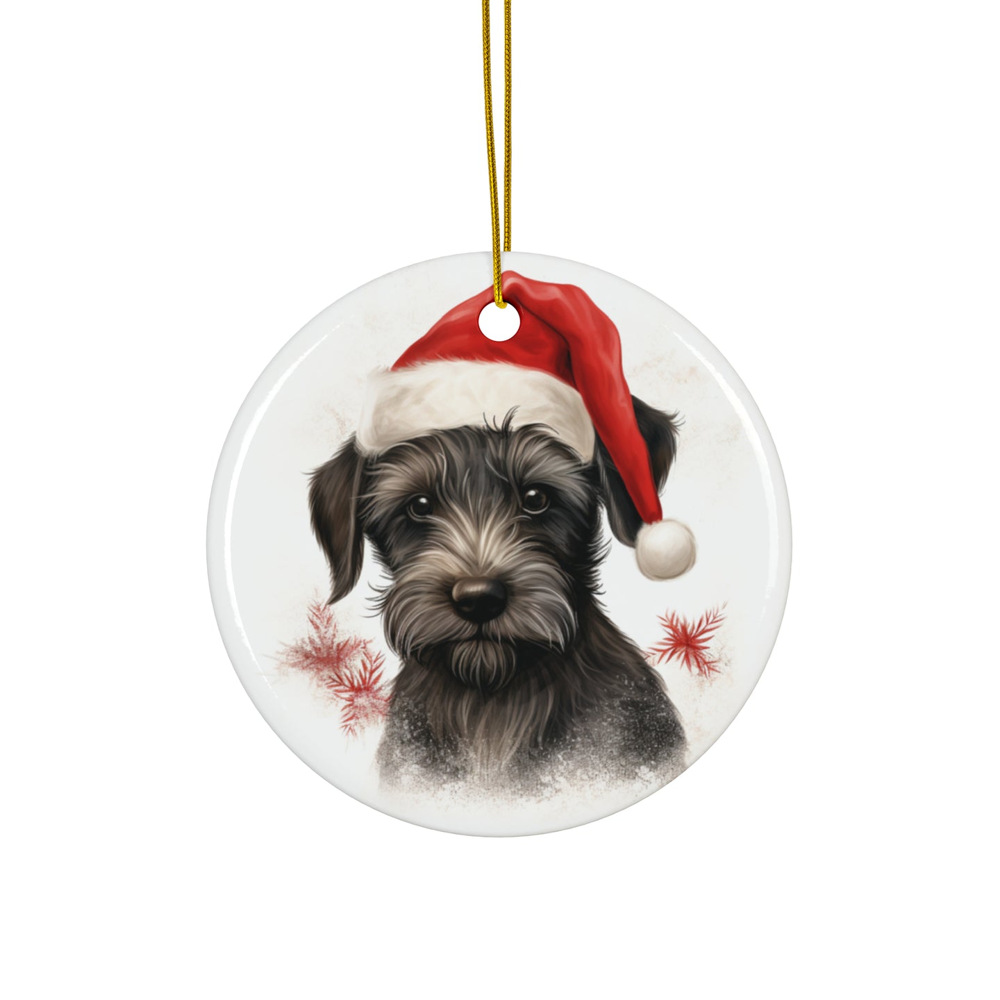 DistinctInk Hanging Ceramic Christmas Tree Ornament with Gold String - Great Gift/Present - 2 3/4 inch Diameter - Cesky Terrier Puppy Drawing Design
