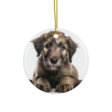 DistinctInk Hanging Ceramic Christmas Tree Ornament with Gold String - Great Gift/Present - 2 3/4 inch Diameter - Irish Wolfhound Puppy Design