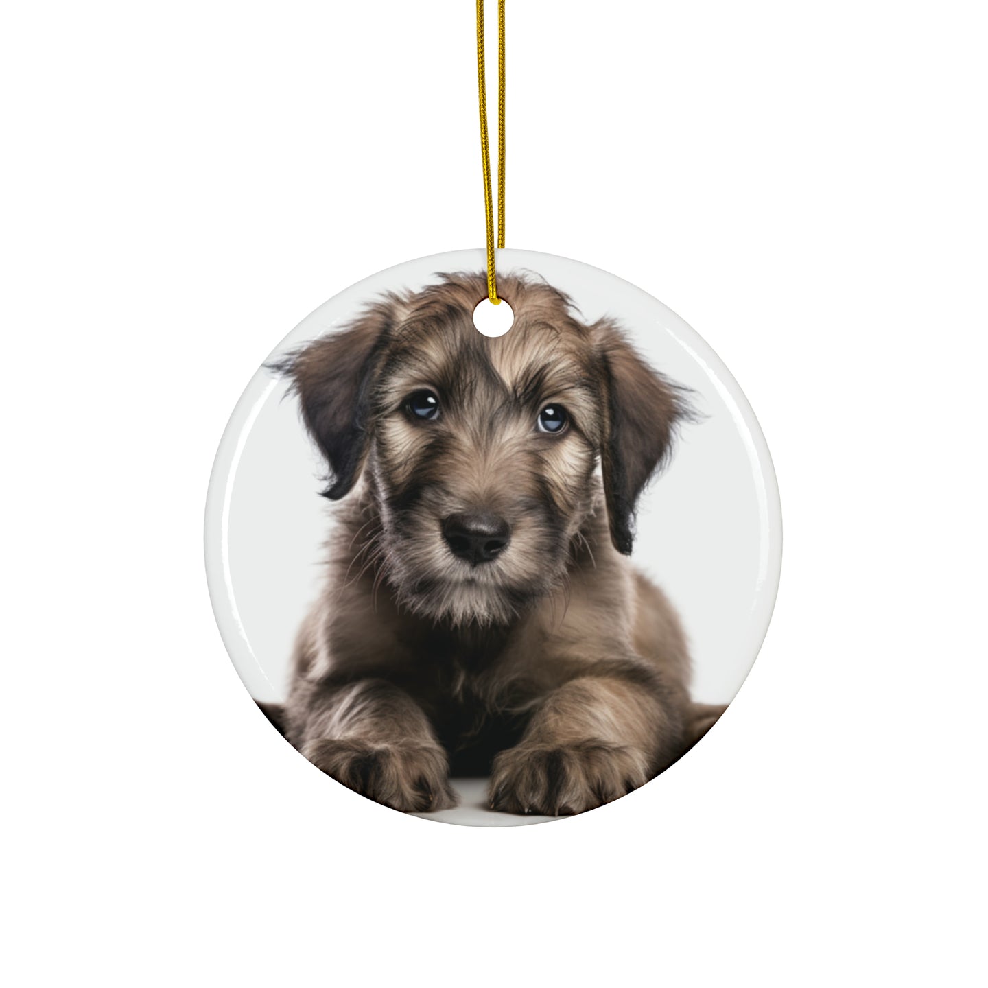 DistinctInk Hanging Ceramic Christmas Tree Ornament with Gold String - Great Gift/Present - 2 3/4 inch Diameter - Irish Wolfhound Puppy Design