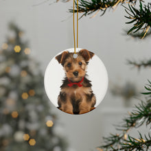DistinctInk Hanging Ceramic Christmas Tree Ornament with Gold String - Great Gift/Present - 2 3/4 inch Diameter - Australian Terrier Puppy Design