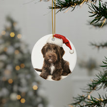 DistinctInk Hanging Ceramic Christmas Tree Ornament with Gold String - Great Gift/Present - 2 3/4 inch Diameter - Wirehaired Pointing Griffon Puppy Drawing Design