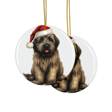 DistinctInk Hanging Ceramic Christmas Tree Ornament with Gold String - Great Gift/Present - 2 3/4 inch Diameter - Briard Puppy Drawing Design