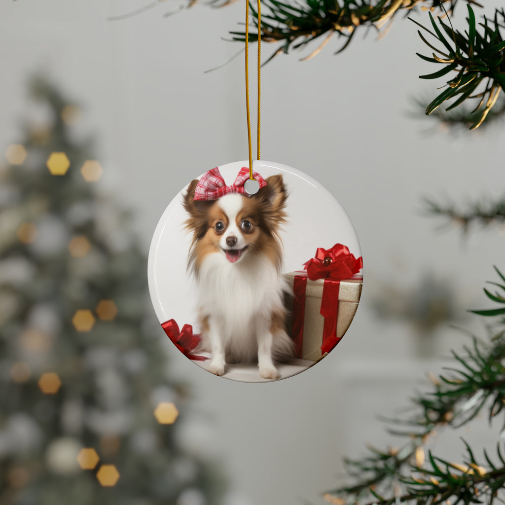 Hanging Ceramic Christmas Tree Ornament with Gold String - Papillon Puppy Design, view 3