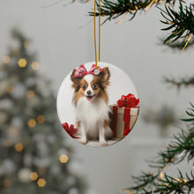 DistinctInk Hanging Ceramic Christmas Tree Ornament with Gold String - Great Gift/Present - 2 3/4 inch Diameter - Papillon Puppy Design
