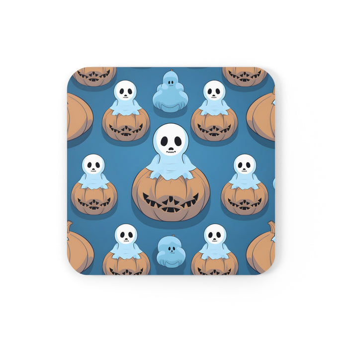 DistinctInk (Set of 4) Corkwood Coasters with Ghost Skeleton Pumpkin PatternDesign for Halloween