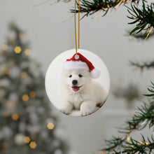 DistinctInk Hanging Ceramic Christmas Tree Ornament with Gold String - Great Gift/Present - 2 3/4 inch Diameter - Samoyed Puppy Design