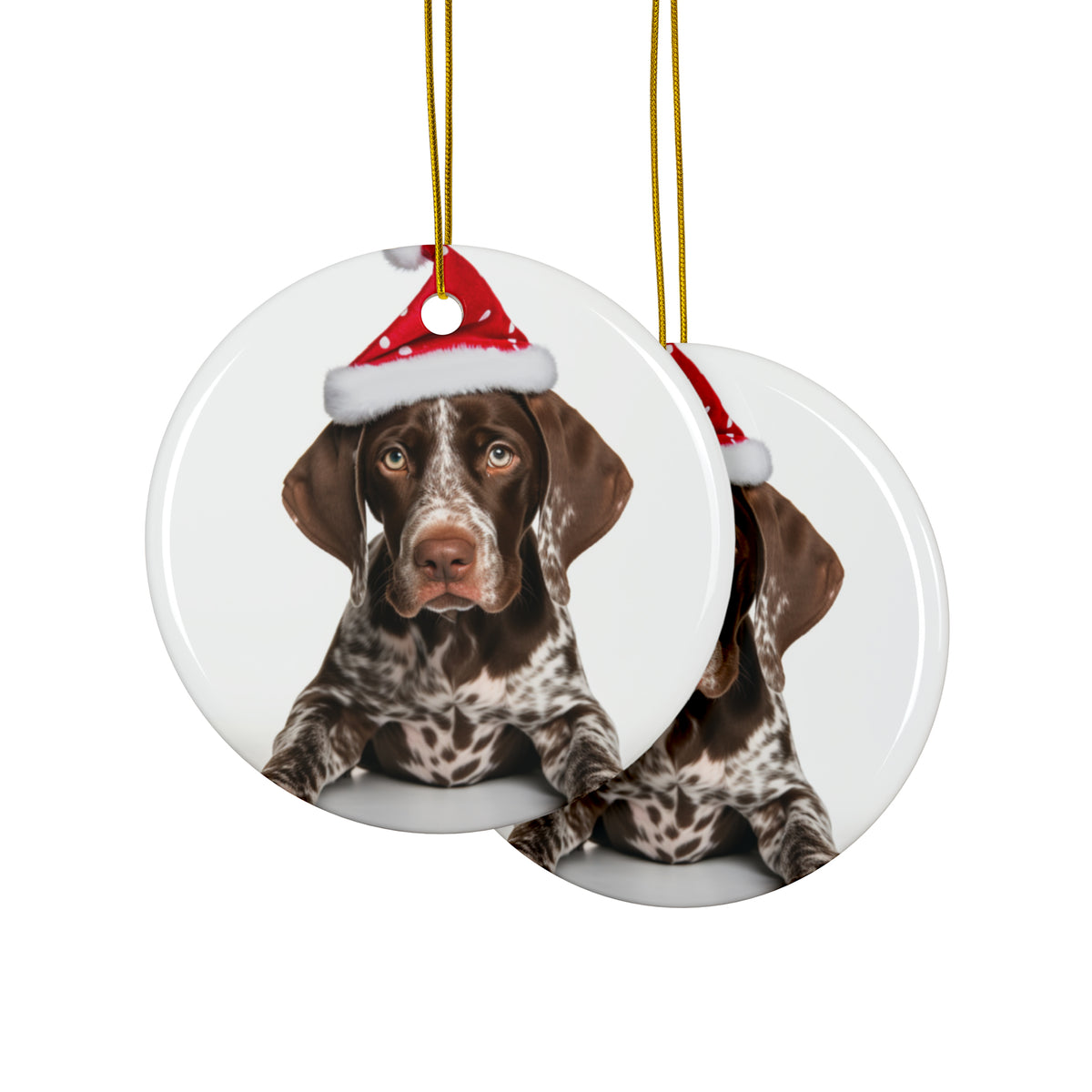 Hanging Ceramic Christmas Tree Ornament with Gold String - German Shorthaired Pointer Puppy Design, view 2